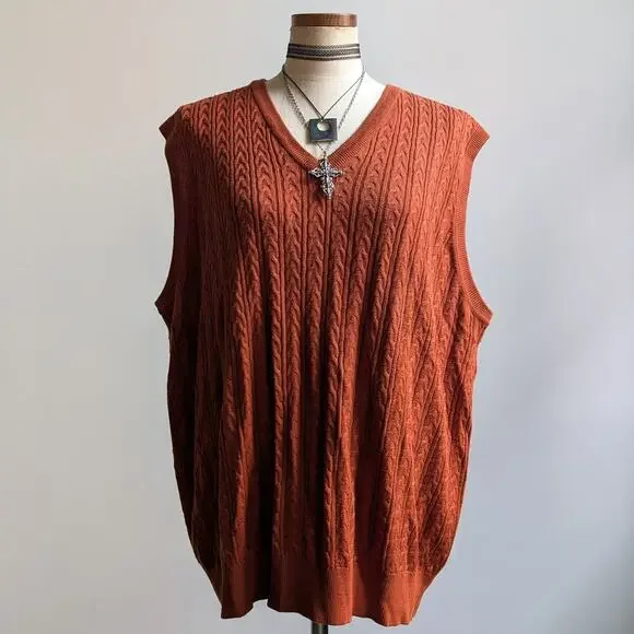 Vintage Silk Cable Knit Sweater Vest Rust Orange Grandpa Cottage Preppy Top XL - Picture 1 of 9